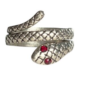 Vintage Silver-tone Snake Wrap Ring Red Rhinestone Eyes